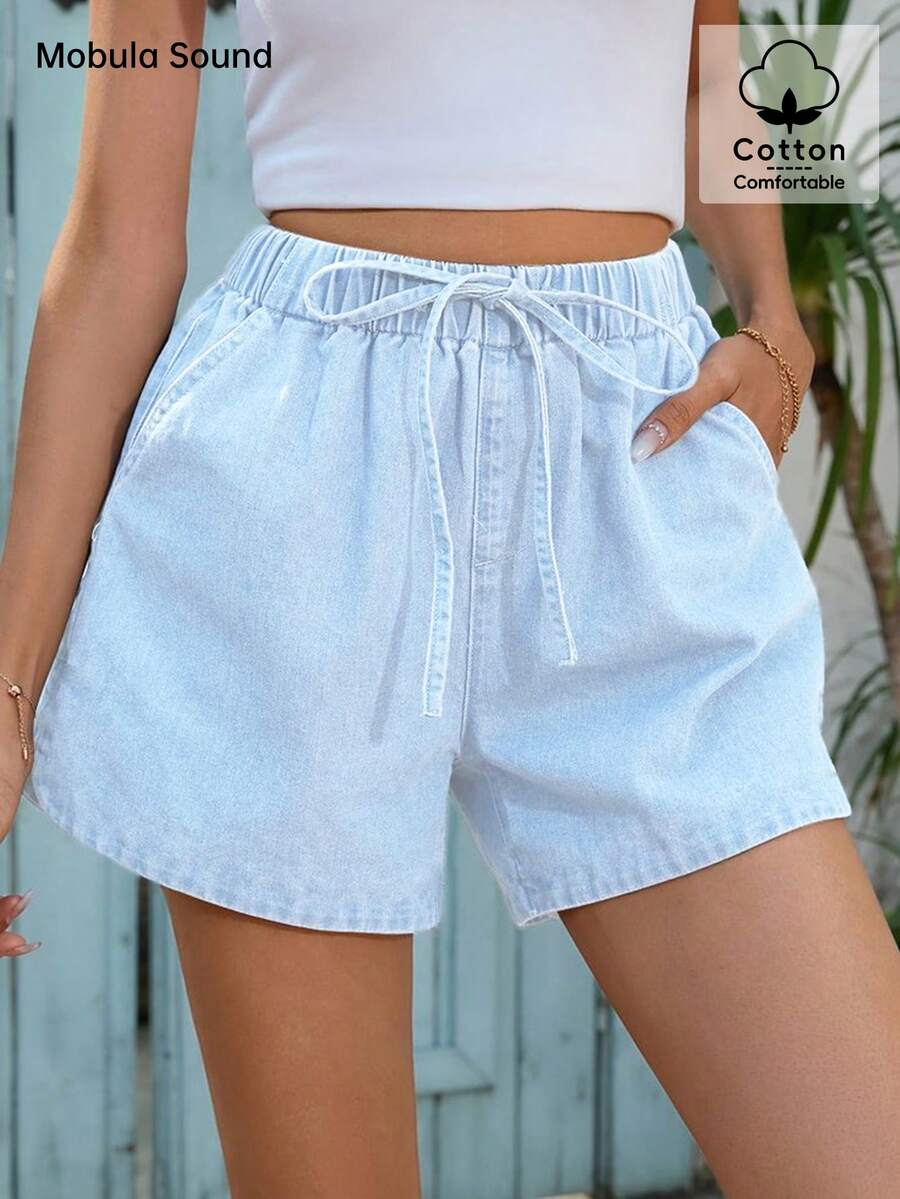 Mobula Sound#Sexy Music Festival Casual Vacation Fashion Elegant Women Blue Denim Loose Elastic Waist Shorts, Xuân/Hè - Màu xanh nhạt - Xem 1