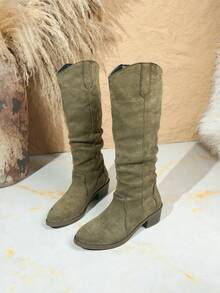 2025 New Fashionable V-Cut Western Style Chunky Heel Fashion Tall Boots