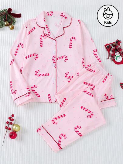 2pcs/Set Girls Christmas Candy Cane Print Comfortable Pajamas, Children Sleepwear Set With Collared Shirt And Elastic Waist Pants, Suitable For Parties, Holidays, Sleepover, Homewear