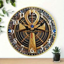 Egyptian Theme Silent Quartz Wall Clock With Ankh Symbol And Hieroglyphics - Gold And Black Metal Design, Large Easy-To-Read White Hands, 2D Flat Round Clock, Suitable For Home Decoration, Birthday/Christmas/Halloween Gift, Egyptian Decorative Clock, Wooden Frame With Silent Quartz Movement, Gold Dial With Black Numbers, Ideal Wall Decoration, Fashionable And Practical Home Accessory, Fashionable Wall Clock, Extra Large Wall Clock, 2D Flat Design - 10x10in - View 2