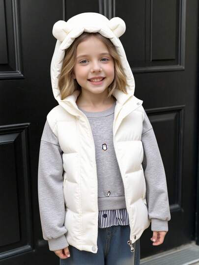 Baby Girl Casual Solid Color 3D Ear Vest Jacket, Autumn/Winter