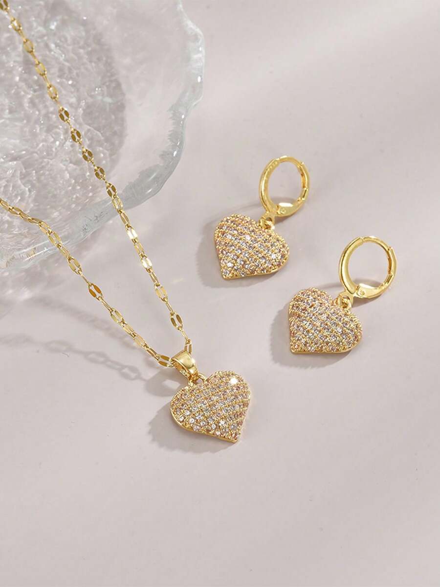 1 chiếc vòng cổ bằng thép không gỉ hình trái tim đính đá Rhinestone sang trọng dành cho nữ, 1 đôi bông tai hình trái tim đính đá Rhinestone sang trọng dành cho nữ, thích hợp cho tiệc tùng, đeo hàng ngày, phong cách châu Âu và Mỹ, cá nhân hóa, hào phóng, Zirconia khối, trang sức cưới, quà tặng cho bé gái, người thân, bạn bè, sinh nhật, ngày lễ tình nhân, quà tặng cho người yêu - Vàng - Xem 1