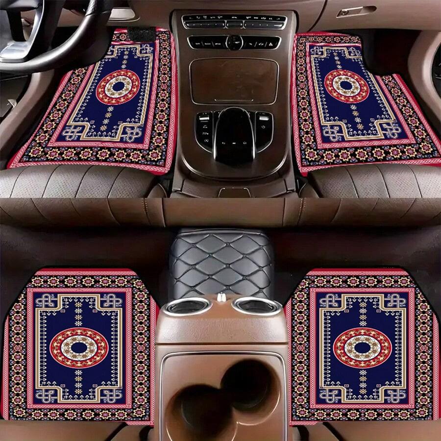 4pcs Vintage Retro Pattern Car Floor Mats, Durable Polyester Pads, Fashionable And Easy To Clean, Suitable For Various Car Models, All-Season Use