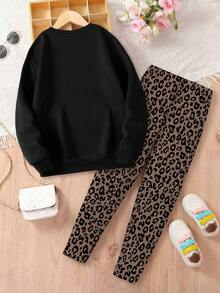 Tween Girls Vintage Heart Print Sweatshirt And Leopard Print Pants Casual Outfit - Black - View 2