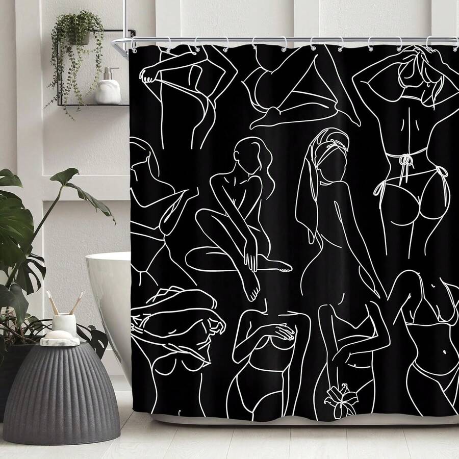 Abstract Woman Line Art Shower Curtain, Minimalist Waterproof Polyester Bathroom Decor With Hooks - trắng - Xem 1