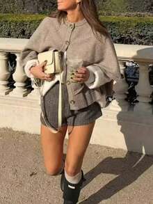 1 Peça Capa de Malha Monocromática Feminina, Cardigan de Manga Curta com Botão Único