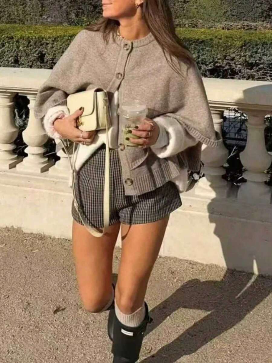 1 Peça Capa de Malha Monocromática Feminina, Cardigan de Manga Curta com Botão Único