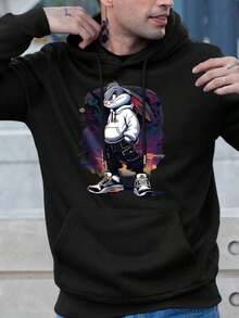Sudadera con capucha térmica forrada con estampado de "Cool Rabbit" para hombres con cordón ajustable - Blanco - Ver 1