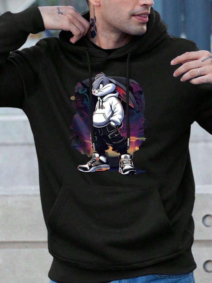 Sudadera con capucha térmica forrada con estampado de "Cool Rabbit" para hombres con cordón ajustable - Blanco - Ver 1