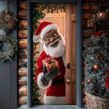 1pc Charming Black Santa Claus Polyester Door Curtain - Holiday Welcome Banner, Vibrant Christmas Scene, Indoor Outdoor Decor, Polyester, Christmas Decoration - Multicolor - View 5