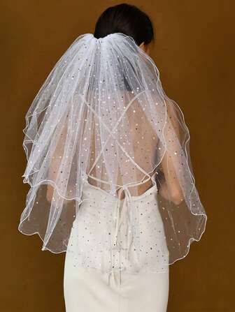 1 pièce Voile de mariée court à double couche avec bords festonnés, décoration pailletée, mignon pour séance photo de femme, fête, bal de promo, en nylon brillant bohème