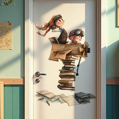 1 buc Autocolant de perete cu desene animate pentru copii care zboară pe cărți - Decal din PVC ușor de decojit și lipit, Decor educațional pentru sala de clasă pentru grădiniță, Cadou de artă pentru acasă pentru copii mici pentru băieți și fete, Decor pentru sala de clasă pentru preșcolari