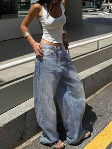 Vintage Washed Blue-Gray Straight Leg Jeans, American Design Loose Casual Wide Leg Dragging Pants For Women Chic Winter Christmas New Year Thanksgiving