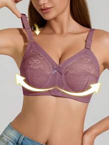 1pc Women's Solid Color Full Coverage Lace Wireless Bra, Sexy Supportive Breathable Thin Lingerie - Pink - View 7