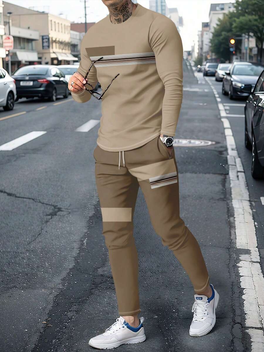Men's Casual Minimalist Long Sleeve T-Shirt And Pants Set, Fall Clothes