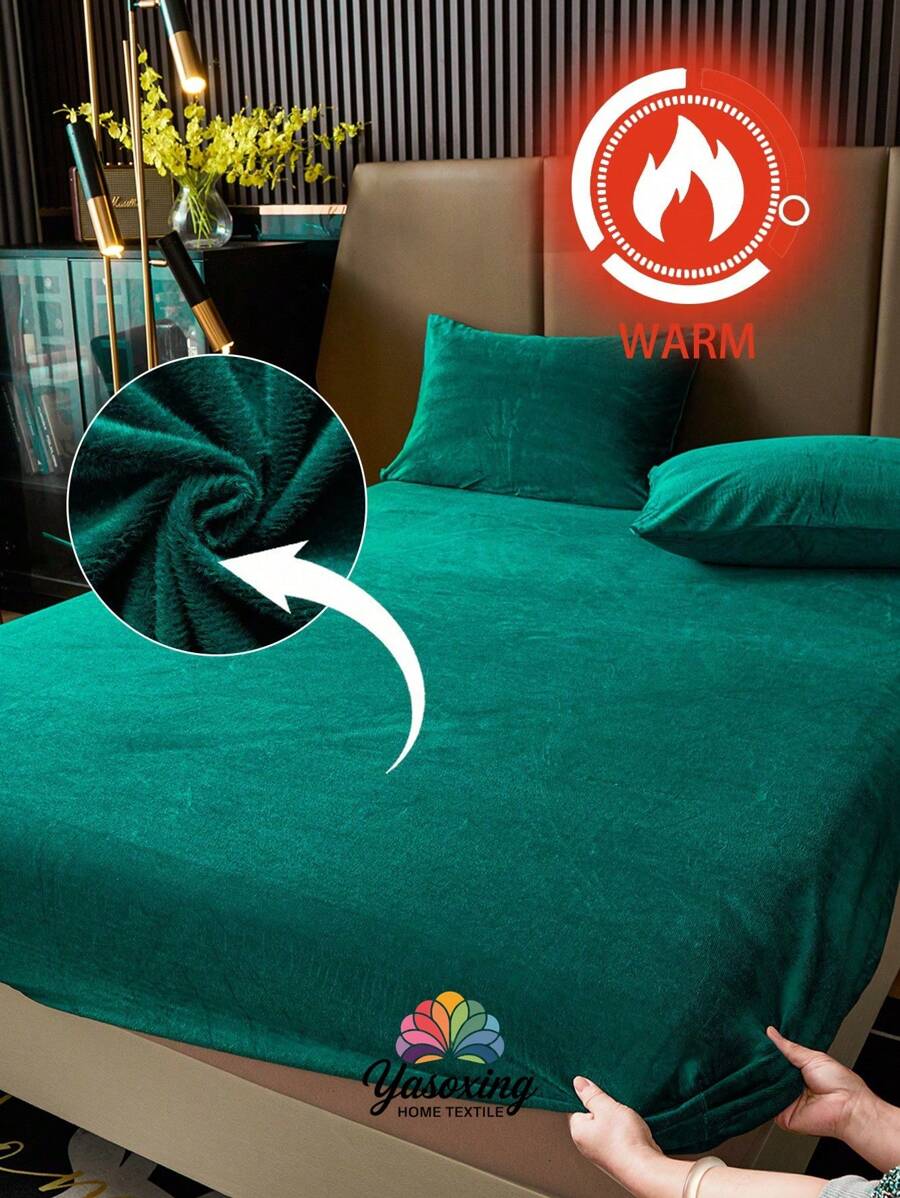 1pc Dark Green Velvet Fitted Sheet Warm Soft Solid Fuzzy Fitted Sheet King Queen Full Twin Size, Luxury Super Soft Cozy Comfy Bottom Sheet With 11.8" Deep Pocket,Suitable For Fall Winter And Spring, No Pillowcases Domitory Bedding Back School Bedding