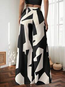 Pantalones anchos con estampado irregular para mujer, diseño versátil, casual y cómodo, estilo de pantalón drapeado moderno y de moda, forma de pierna favorecedora, adecuado para el uso diario. - Blanco - Ver 5