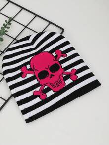1pc Women's Jacquard Striped Skull Pattern Knit Beanie Hat, Warm & Casual For Halloween Party