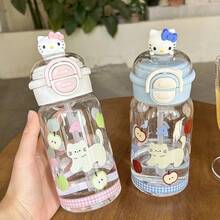 Sanrio 1pc Sanrio Kitty 500MLwater Bottle Double Drinking Plastic Cup With Straw, Portable And Easy To Use For Female Students, Small And Cute Water Cup
