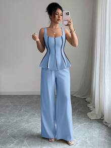 Conjunto de pantalón y camiseta de mujer de unicolor y elegante - Azul cielo - Ver 3