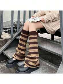 1 Pair Women's Halloween Striped Contrast Color Leg Warmers, Reversible Gothic Style Skull Design Leg Sleeves, Versatile Costume Leg Warmers Winter Women