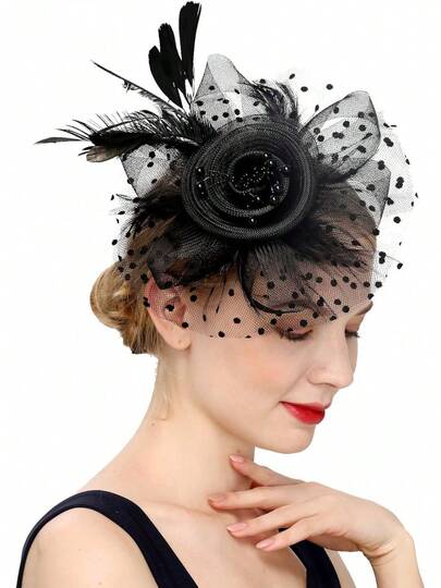 Sombrero de té para mujer, diadema de flores, malla y plumas para fiesta de té, boda, Kentucky Derby, cóctel (1-A-Negro)