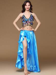 Women's Belly Dance Practice Set Sequined Sleeveless Top + Sexy Slit Long Skirt + Waist Chain 3 Pieces Set Adult Oriental Dance Performance Costume - Multicolor - View 21