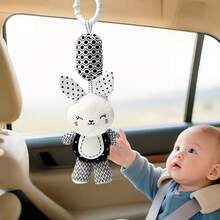 带便携式挂环的毛绒婴儿玩具，黑白摇铃玩具 - 婴儿车风铃毛绒摇铃娃娃，适用于汽车座椅 - 适合 0-3-6-9-12 个月婴儿男孩和女孩、新生儿玩具、狐狸的理想礼物 - 黑色 - 查看 2