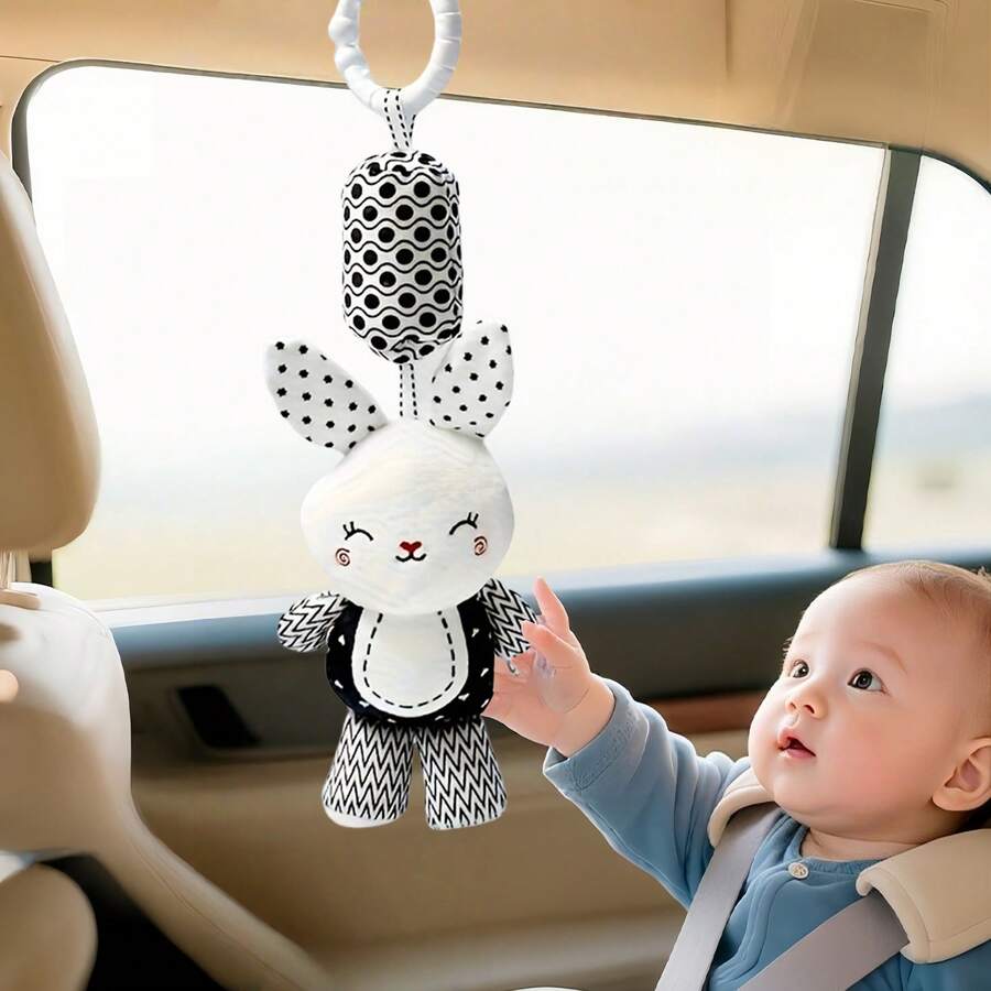 带便携式挂环的毛绒婴儿玩具，黑白摇铃玩具 - 婴儿车风铃毛绒摇铃娃娃，适用于汽车座椅 - 适合 0-3-6-9-12 个月婴儿男孩和女孩、新生儿玩具、狐狸的理想礼物