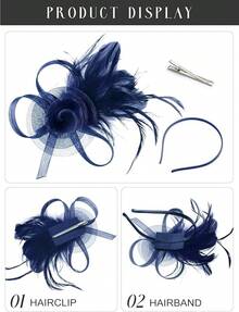 Fascinators Hats Women,Tea Party Fascinator Hair Clip With Feathers Wedding,Derby Hats Headbands - Ha9462-xanh nước biển - Xem 4
