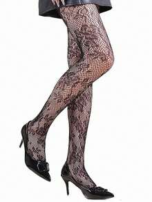 1 双黑色碎花渔网紧身裤，女士薄款蕾丝镂空网格连裤袜，适合春秋季的深色美学，藤蔓图案趣味万圣节/节日 JK 紧身连裤袜，透气透明性感紧身袜 - 黑色 - 查看 10