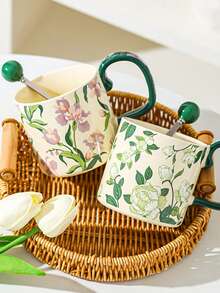 复古轻奢杯子鸢尾花水杯山茶花大容量陶瓷杯陶瓷马克杯礼盒 - 彩色 - 查看 9