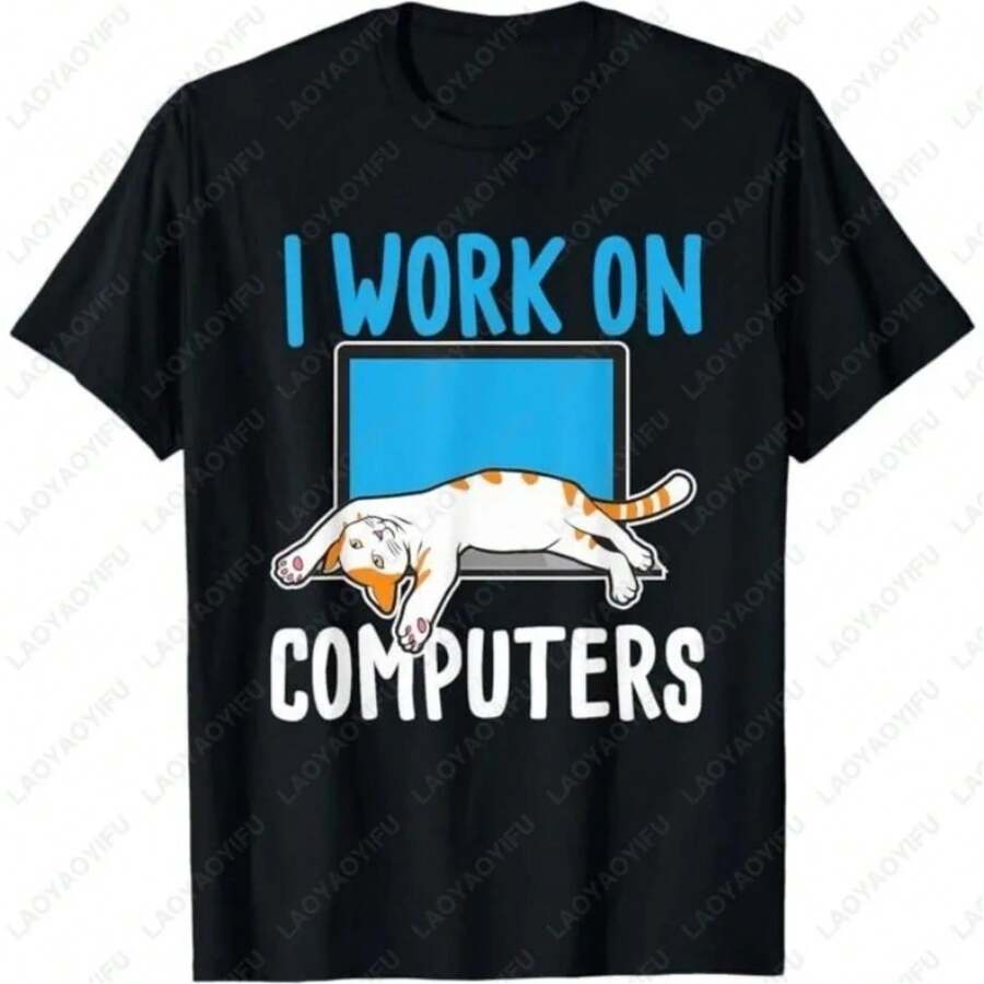 I Work On Computers Cat Lover Kitten Cotton Clothing Kawaii Cute Women Men Loungewear Tees Gift Unisex Black Tshirt - 黑色 - 查看 1