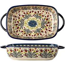 Bicuzat Vintage Style Tulip Flower Pattern Ceramic Bakeware Casserole Dish Baking Pan Lasagna Pans Baking Dish With Handles Oven\/Cooking\/Kitchen-1 PCS-60 OZ