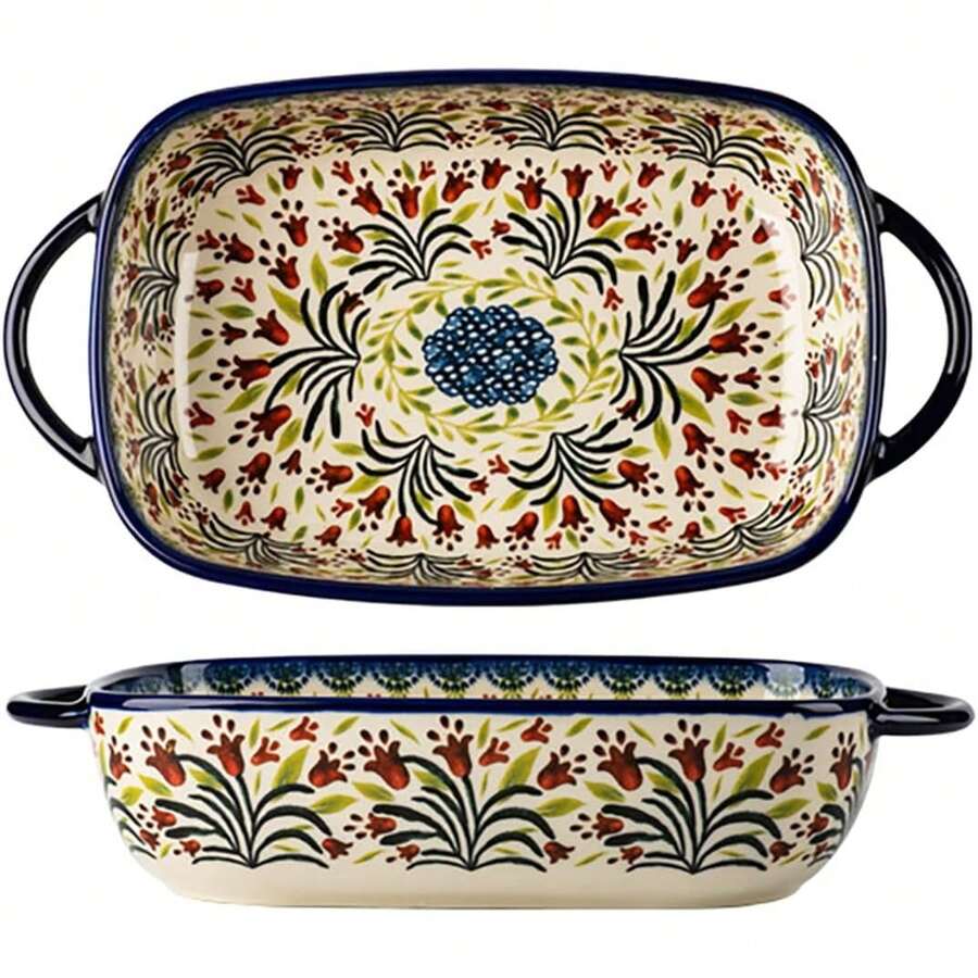 Bicuzat Vintage Style Tulip Flower Pattern Ceramic Bakeware Casserole Dish Baking Pan Lasagna Pans Baking Dish With Handles Oven\/Cooking\/Kitchen-1 PCS-60 OZ