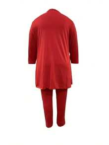 Plus Size Women's Fashionable Two-Piece Suit, Short Top In Front And Long Back Solid Color Trousers Suit, Casual Two-Piece Suit - 紅色 - 查看 2