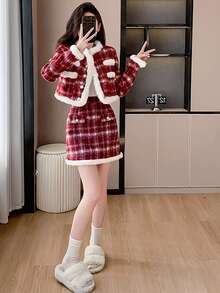 RUIWY 2 件套节日派对女士服装：格子图案夹克和修身迷你裙，温暖时尚，适合春季和冬季 - 紅色 - 查看 8