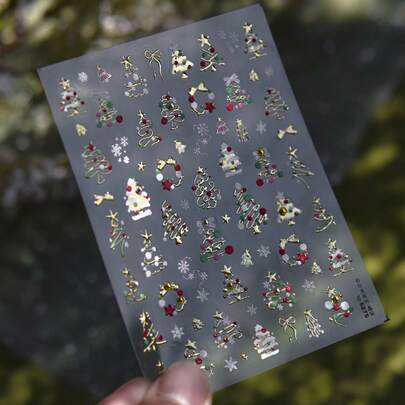 1张5D美甲贴纸，圣诞美甲贴纸，5D浮雕闪亮金色圣诞树美甲贴纸，驯鹿花环雪花美甲贴纸，女士及女孩冬季节日美甲DIY用品美甲贴纸