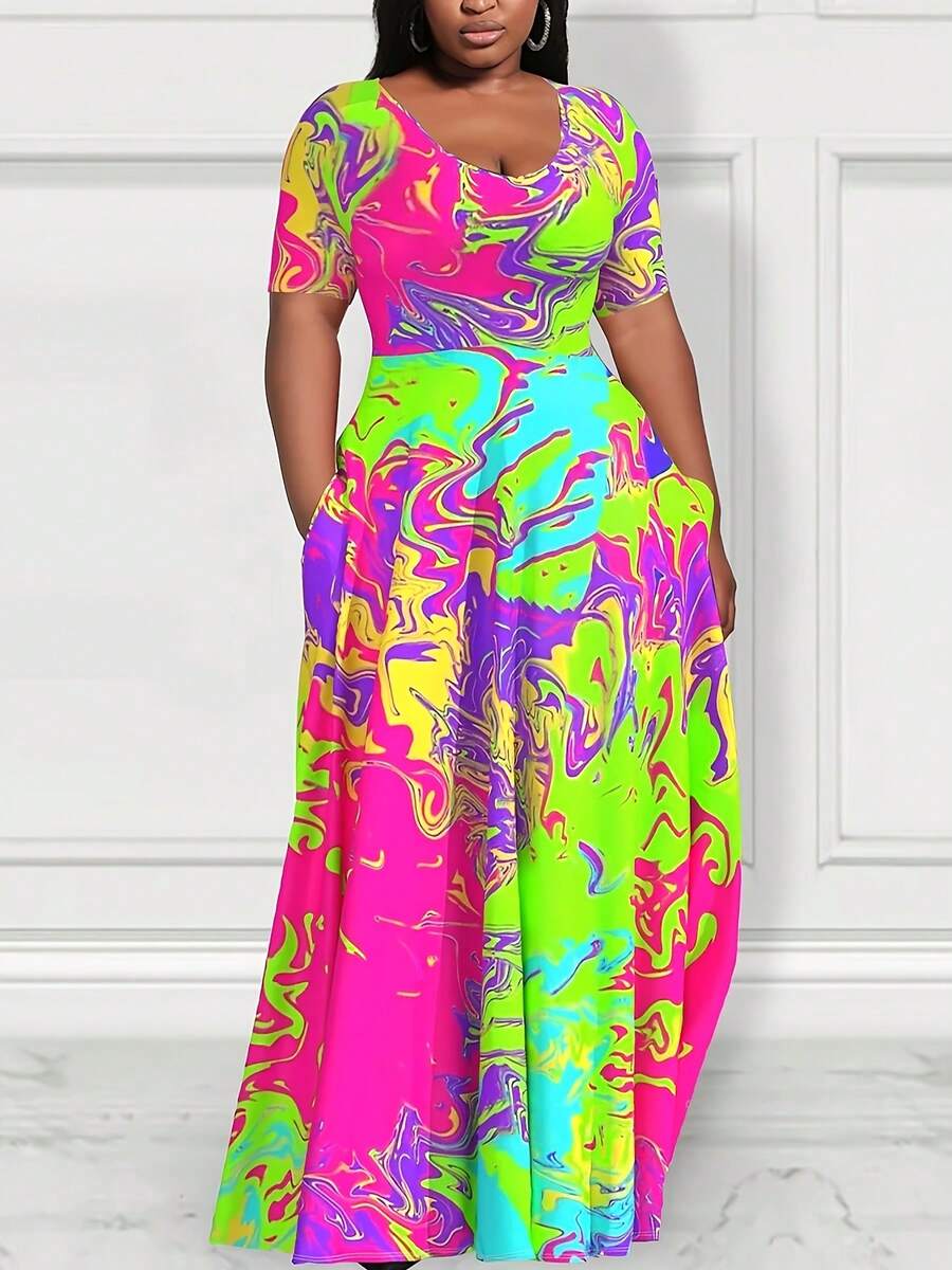 Elegant Plus Size Women's Colorful Tie-Dye Maxi Dress  Short Sleeve Round Neck Flowing Dress With Pockets - 彩色 - 查看 1