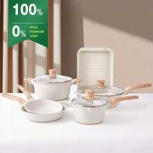 RIOVARM Induction Pots And Pans Set With Lids Nonstick Cookware Set With Granite Coating PFOA-Free Pans With Wood Grain Handle Frying Pan Saucepan Casserole Omelete Pan - Beige - View 6