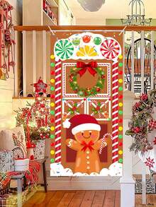 1pc 90*180cm Festive Gingerbread Man Door Banner,Christmas Decoration Front Door Cover,Christmas Party Background Decoration,Home Decor,Perfect For Home Entrance,Holiday Parties & Photography Backdrop, Polyester, Indoor&Outdoor Use,Merry Christmas,Christmas Decoration,Xmas Decor,Christmas Decoration
