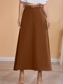 Long Monochromatic Tailored Skirt With Black Belt/Button Details/Casual/Took/Everyday/Summer/Elegant/Casual/Stylish/Collection 2024 - Cà phê nâu - Xem 2