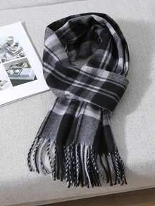 1 件装 男士或女士冬季保暖长款柔软围巾 格子流苏围巾 男士柔软经典围巾