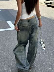 复古水洗蓝色直筒牛仔裤，美式宽松休闲阔腿拖地裤，女士春夏时尚穿搭