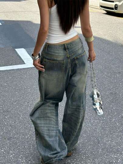 Vintage Washed Blue Wide Leg Jeans, American Loose Casual Wide Leg Dragging Pants, Women's Fashion Spring/Summer