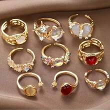 Irregular Shaped Artificial Crystal Open Ring Set, Retro Bohemian Style Stacked Ring Set, Women's Fashionable Jewelry Party Daily Wear Vacation Gift - 9Pcs/Set - 查看 1