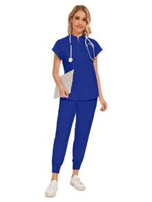 Wholesale Fashion Dental Clinic Uniform Set, Solid Color Surgical Gown V-Neck Pocket Women's Surgical Gown Set With Sweatpants - Royal Blue - View 6