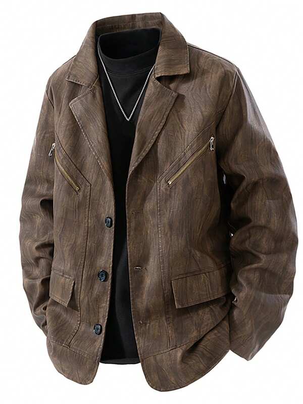 Men's Turndown Collar Faux Leather Jacket, Fashionable Versatile Distressed Style