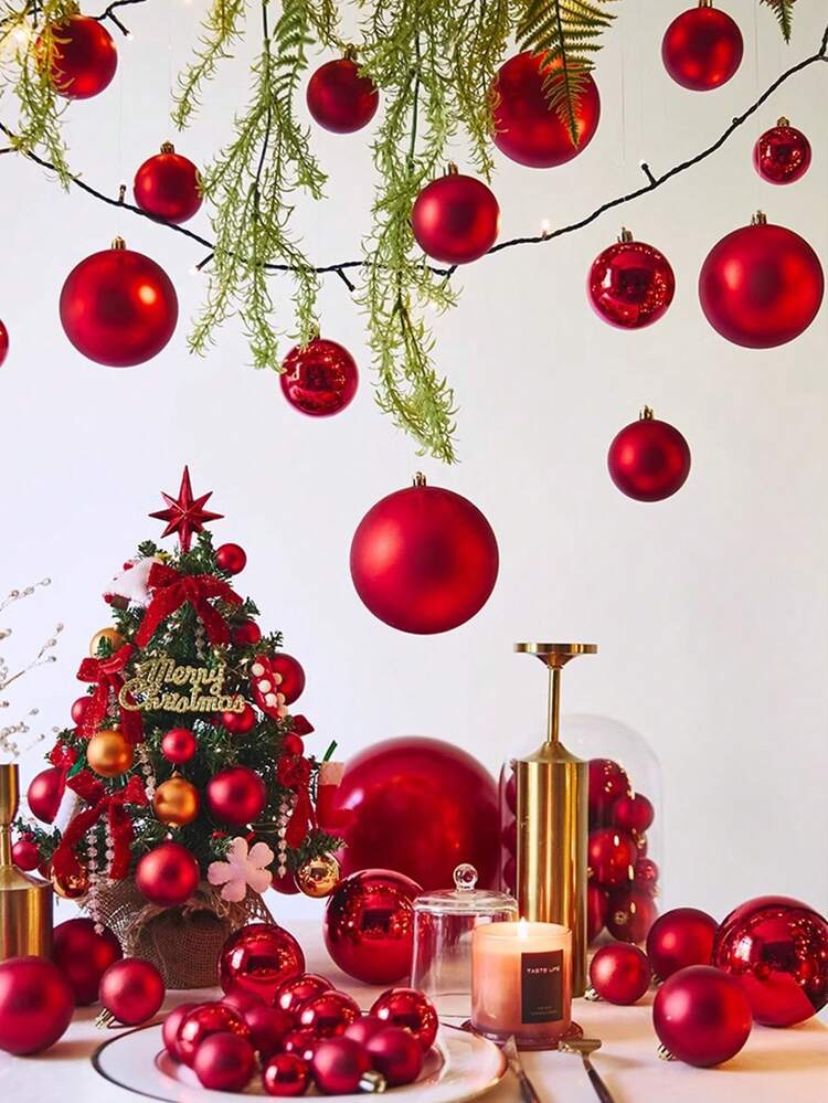 12个/套圣诞装饰3-10厘米红色圣诞球电镀塑料球圣诞树圣诞氛围挂件 - 紅色 - 查看 5