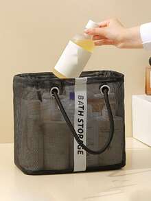 1 pieza Organizador de artículos de tocador portátil para viajes, cesta de malla de gran capacidad con drenaje, bolsa de ducha plegable para gimnasio, cesta de ducha para baño, adecuada para dormitorios de estudiantes, conveniente para viajes, diseño con drenaje en la parte inferior - Negro - Ver 2